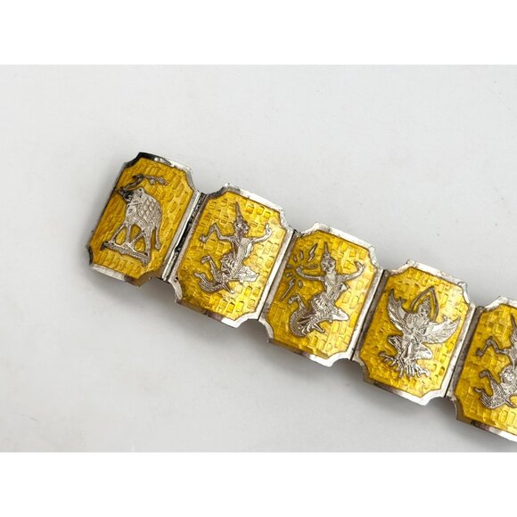 Guillioche Yellow Siam Sterling Silver Paneled Thai 1930's 925 Vintage Bracelet - Picture 2 of 16